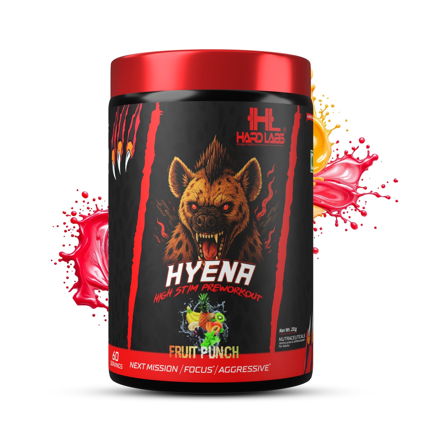 Hardlabs Hyena High Stim Pre-Workout Fruit Punch flavor with aggressive design and fruit splash illustration.