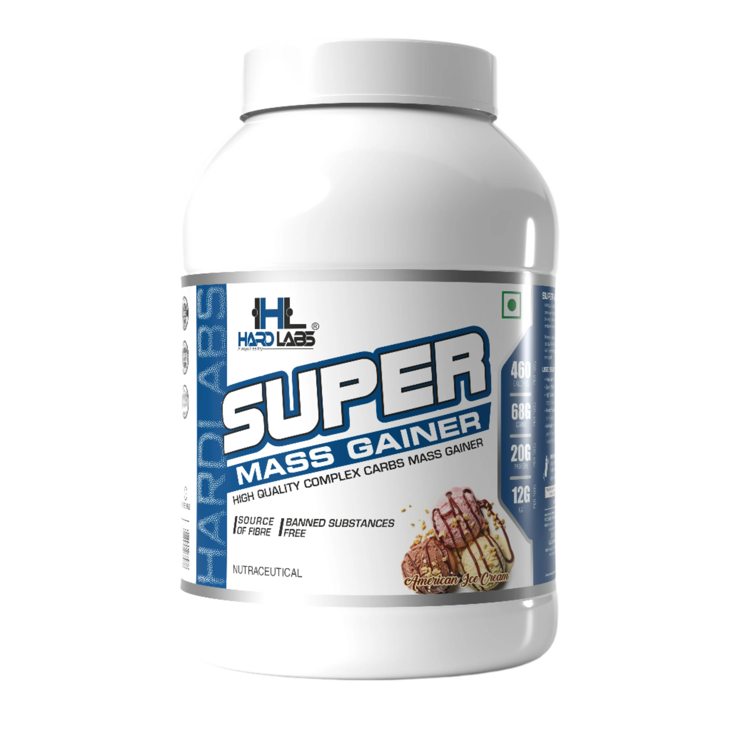 A container of SUPER MASS GAINER with the following details: 18 servings, 50gm per scoop, 20gm protein. The container is white with a label that includes a chocolate image, suggesting the flavor of the supplement.