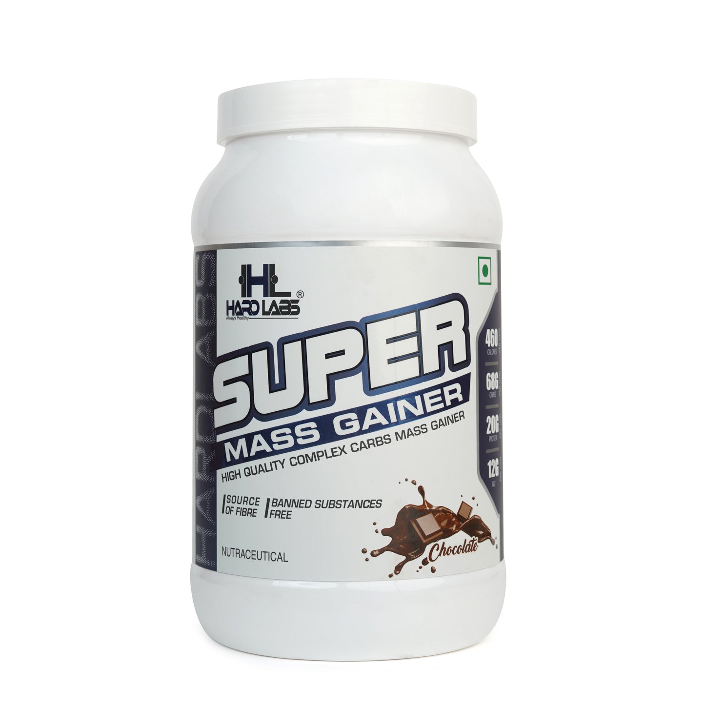 A container of SUPER MASS GAINER with the following details: 18 servings, 50gm per scoop, 20gm protein. The container is white with a label that includes a chocolate image, suggesting the flavor of the supplement.