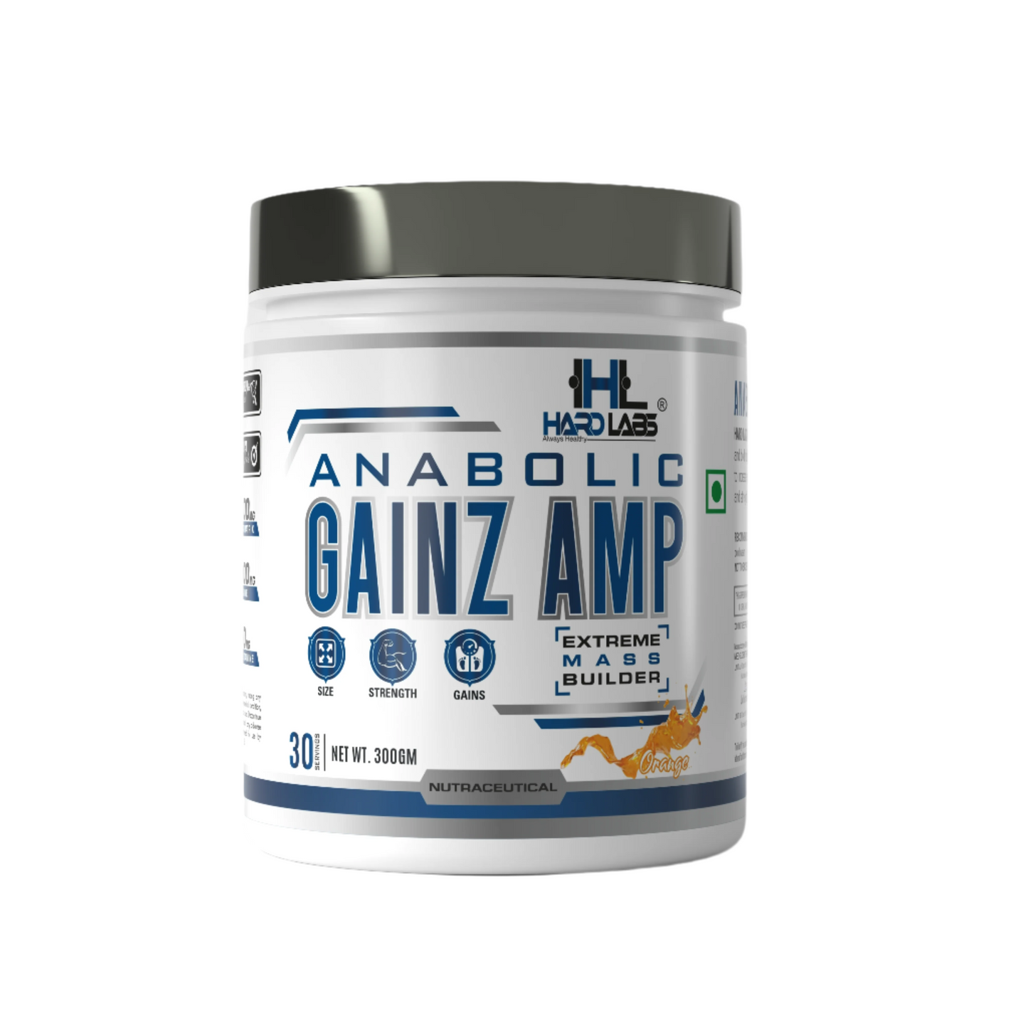 A container of Anabolic Gainz Amp supplement powder with labels detailing the product as having 30 servings, 5000gm pump matrix, and 250gm L-Glutamine.