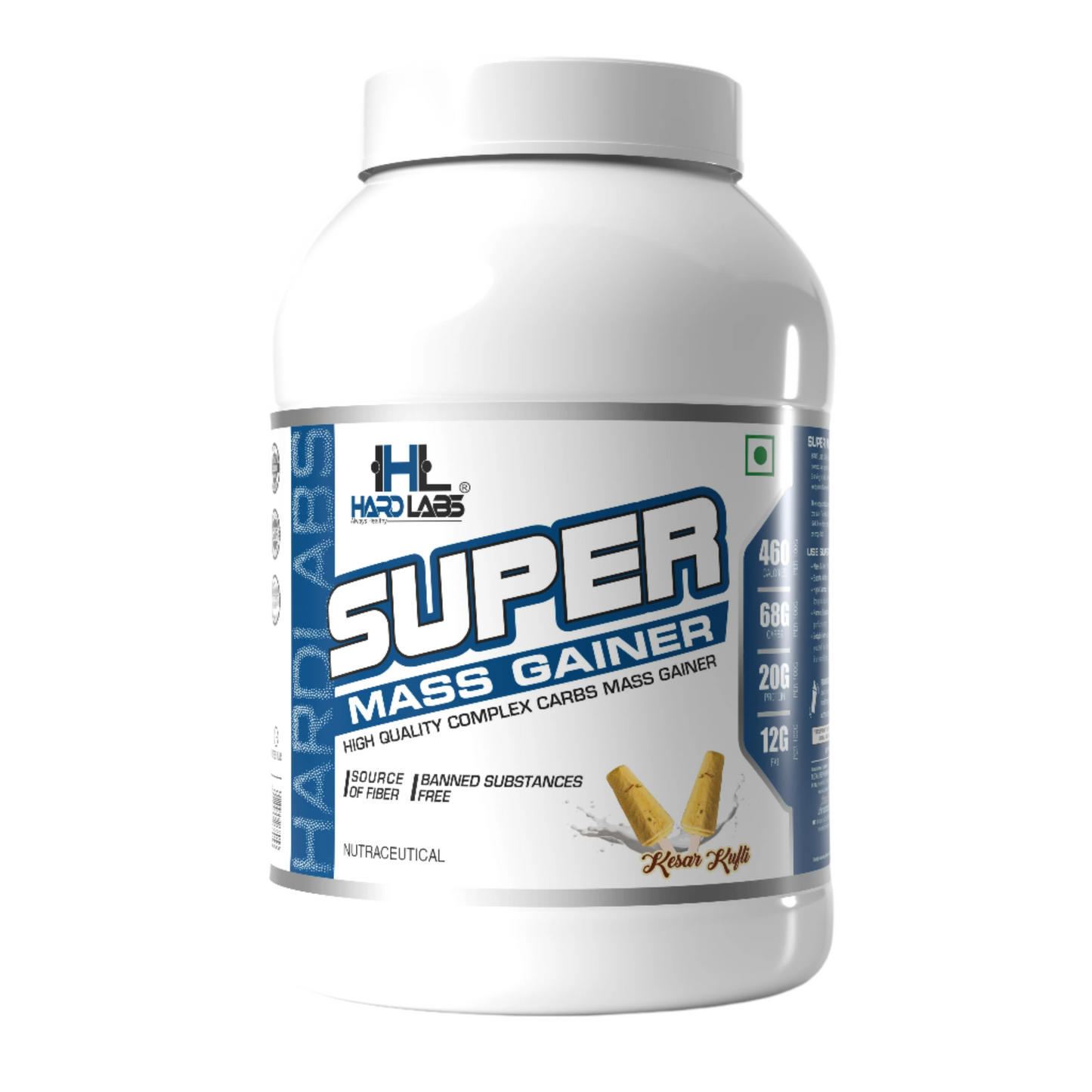 A container of SUPER MASS GAINER with the following details: 18 servings, 50gm per scoop, 20gm protein. The container is white with a label that includes a kulfi image, suggesting the flavor of the supplement.