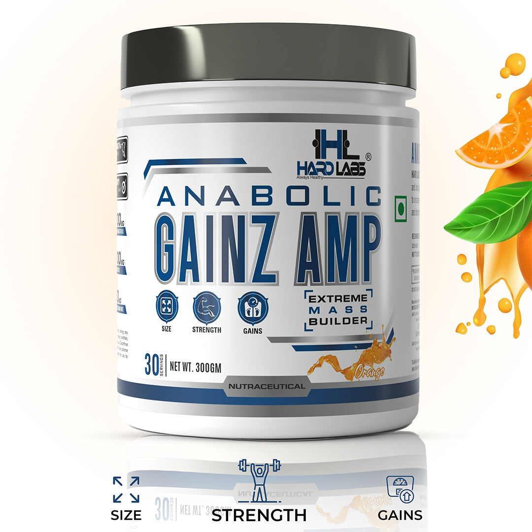 A container of Anabolic Gainz Amp supplement powder with labels detailing the product as having 30 servings, 5000gm pump matrix, and 250gm L-Glutamine.