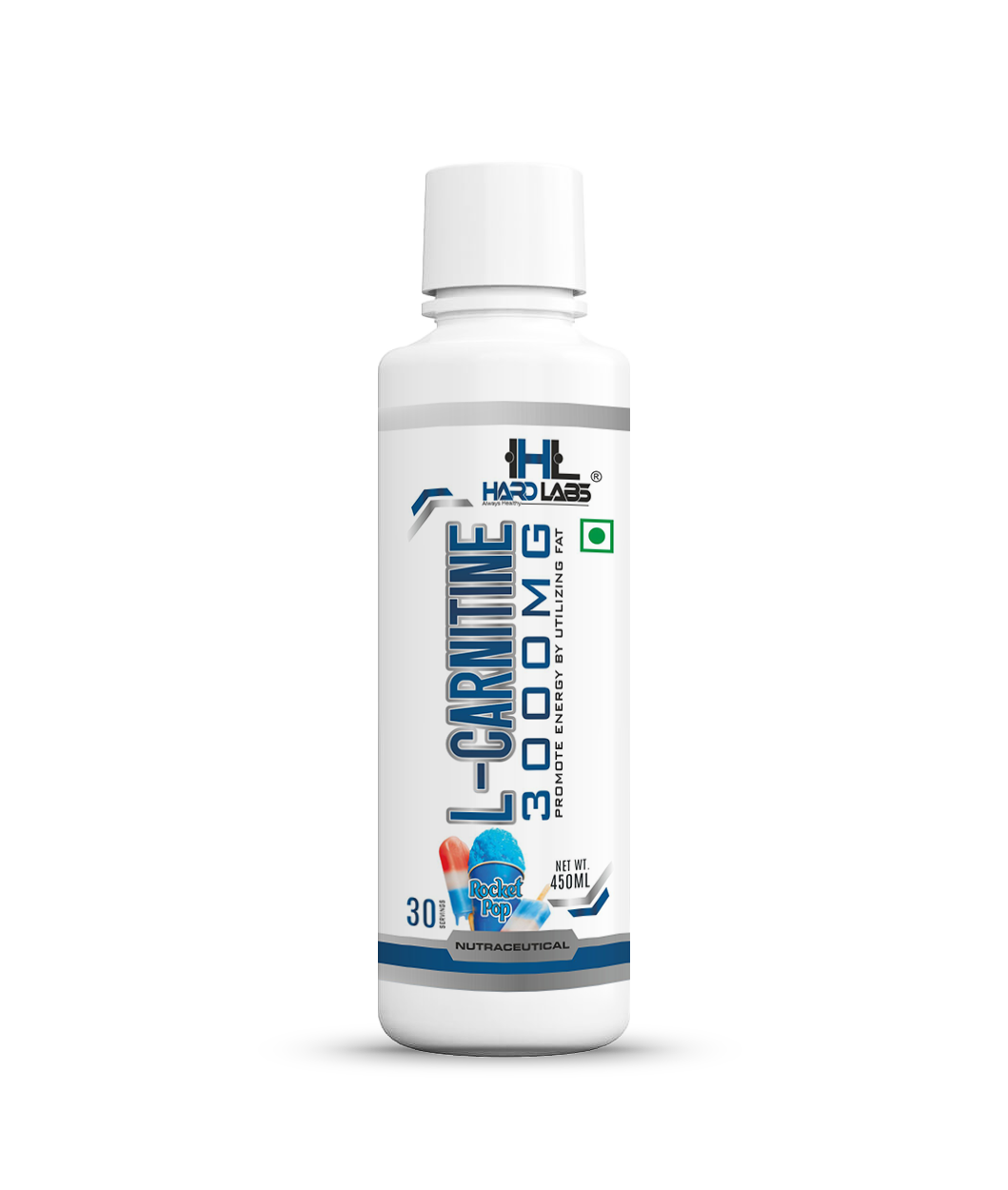 A container of Hard Labs L-Carnitine with 30 servings, 3000mg L-carnitine per scoop, and a Rocket Pop flavor theme.