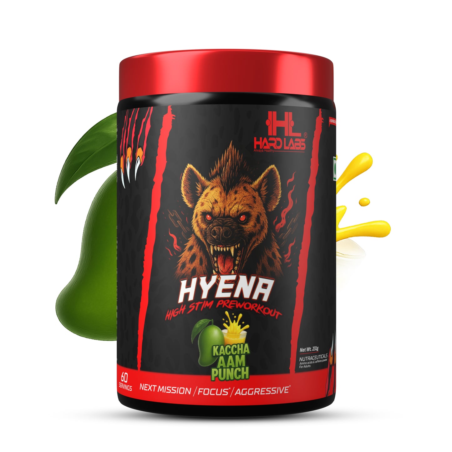 Hardlabs Hyena High Stim Pre-Workout in Kaccha Aam Punch flavor with bold Hyena branding.