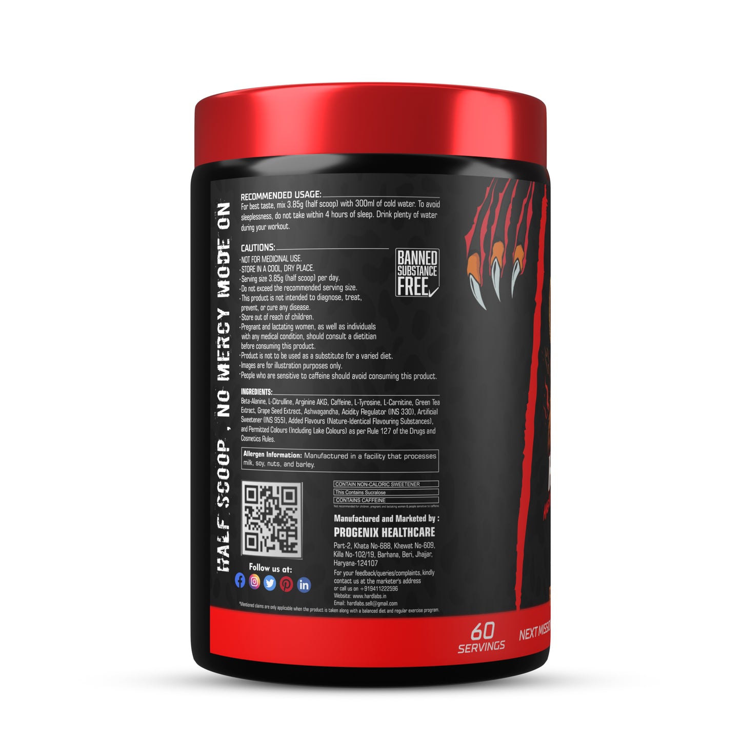 Hardlabs Hyena pre workout left side image with some informations