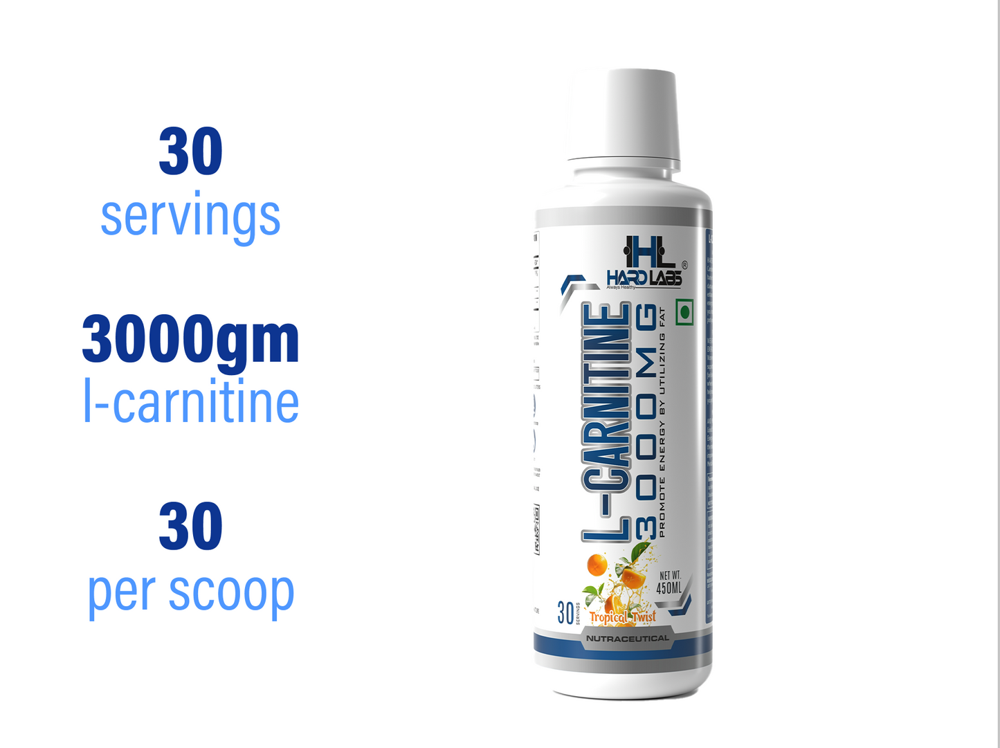 A container of Hard Labs L-Carnitine with 30 servings, 3000mg L-carnitine per scoop, and a Rocket Pop flavor theme.