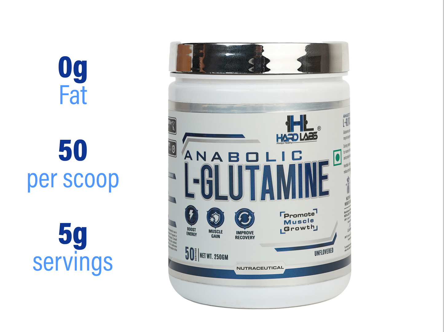A container of Hard Labs L-Glutamine powder with nutritional information and branding visible.