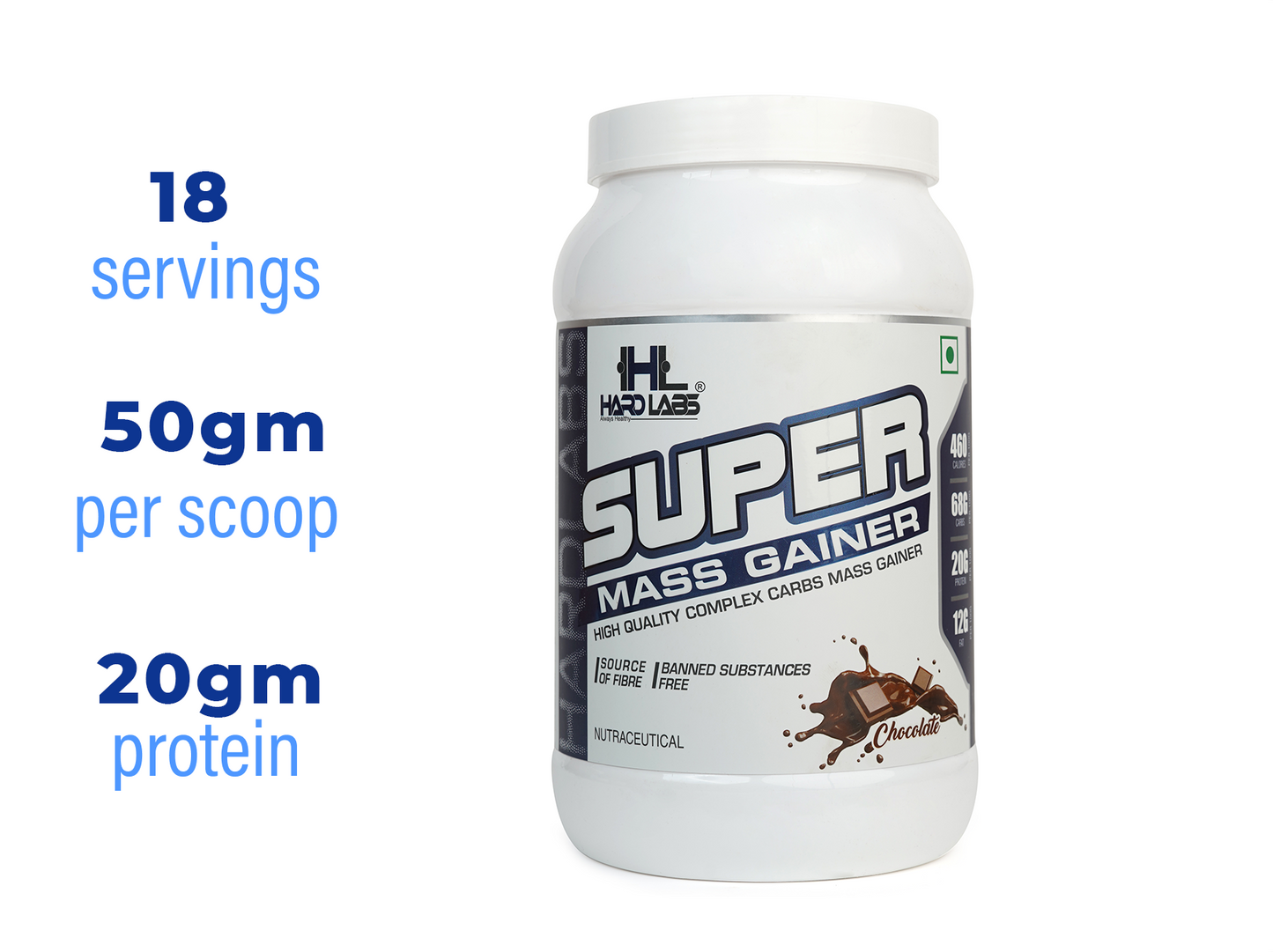 A container of SUPER MASS GAINER with the following details: 18 servings, 50gm per scoop, 20gm protein. The container is white with a label that includes a chocolate image, suggesting the flavor of the supplement.