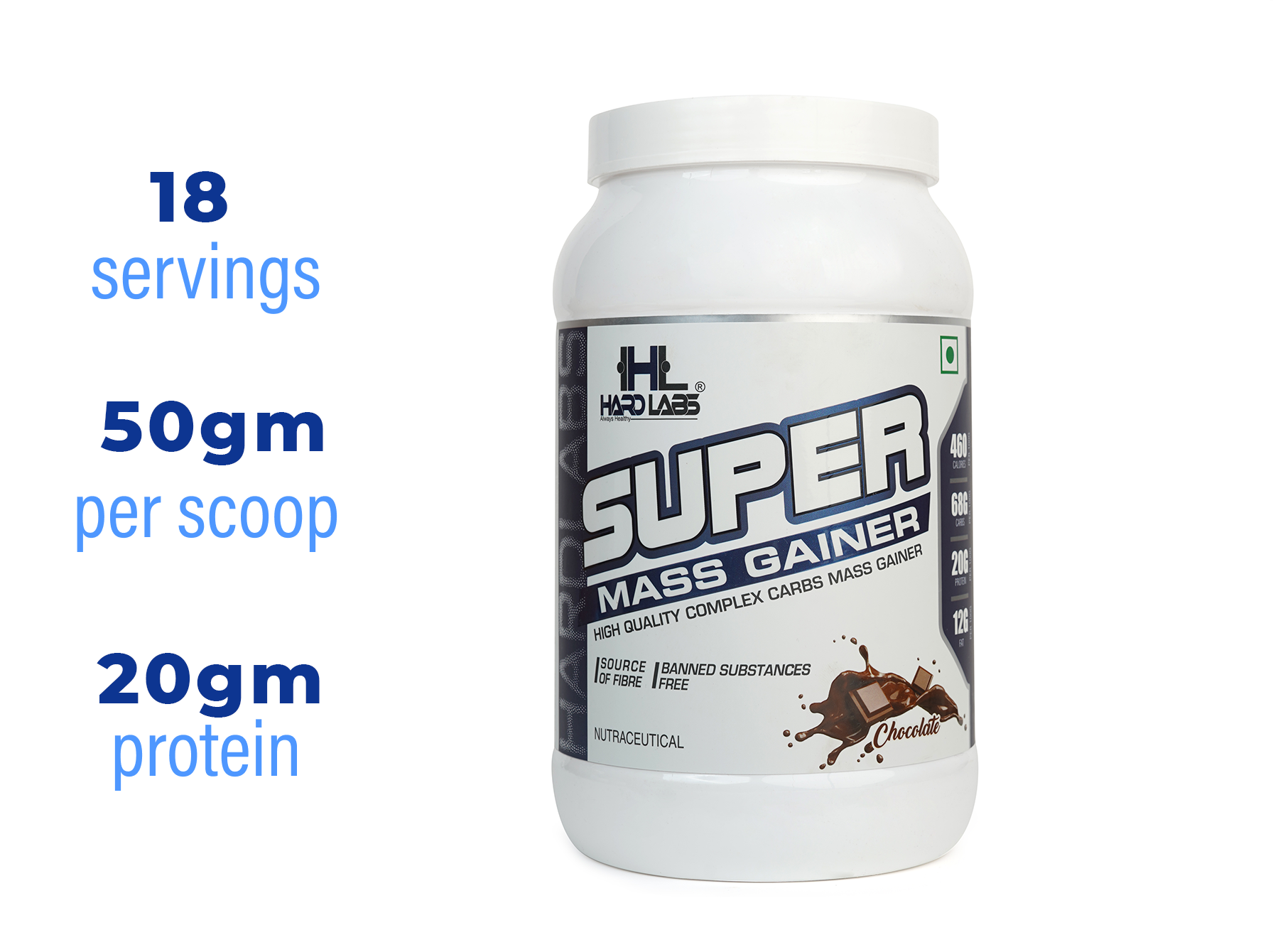 A container of SUPER MASS GAINER with the following details: 18 servings, 50gm per scoop, 20gm protein. The container is white with a label that includes a chocolate image, suggesting the flavor of the supplement.