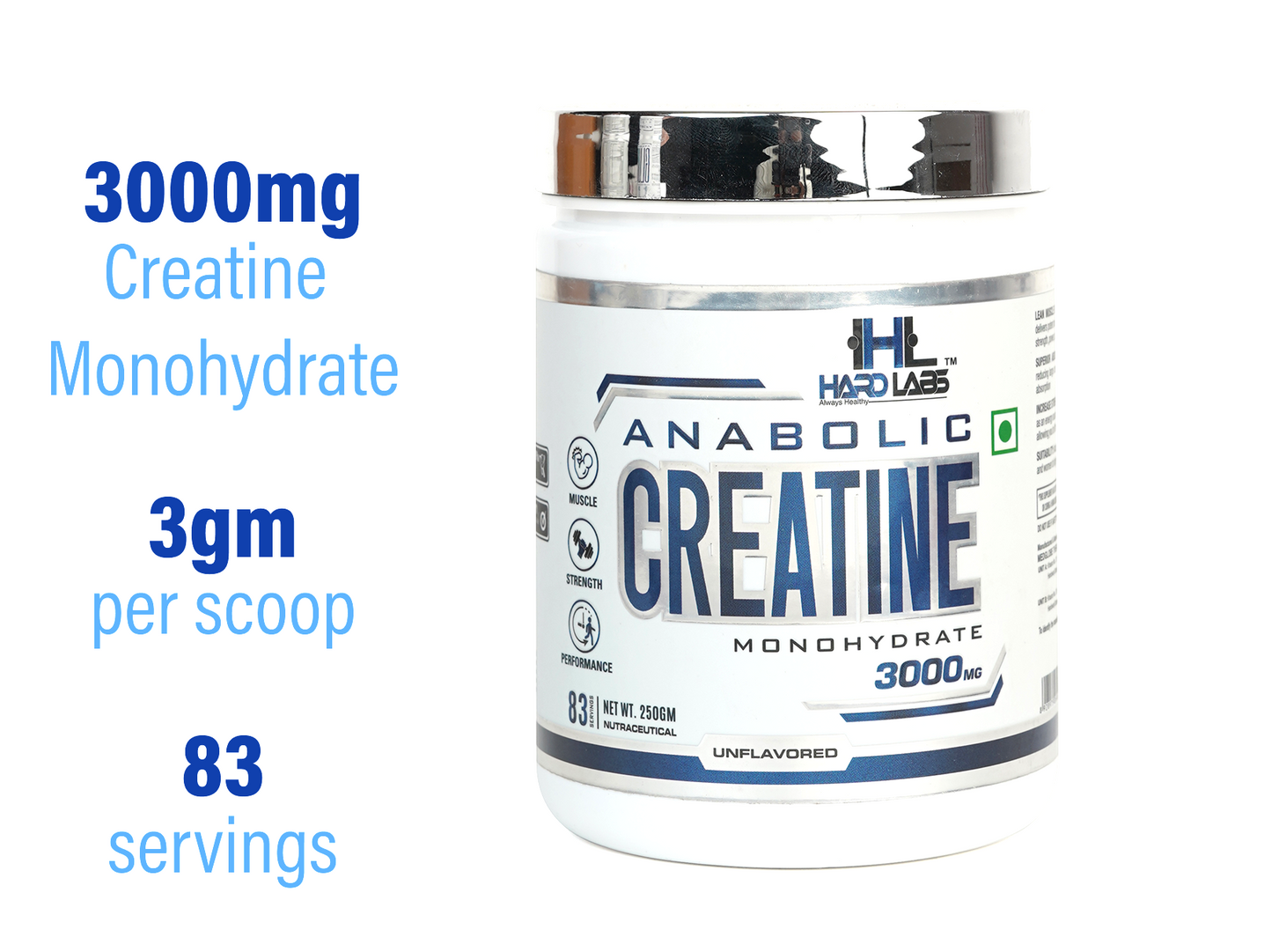 A container of ANABOLIC CREATINE MONOHYDRATE with the text '3000mg Creatine Monohydrate', '3gm per scoop', and '83 servings' highlighted.