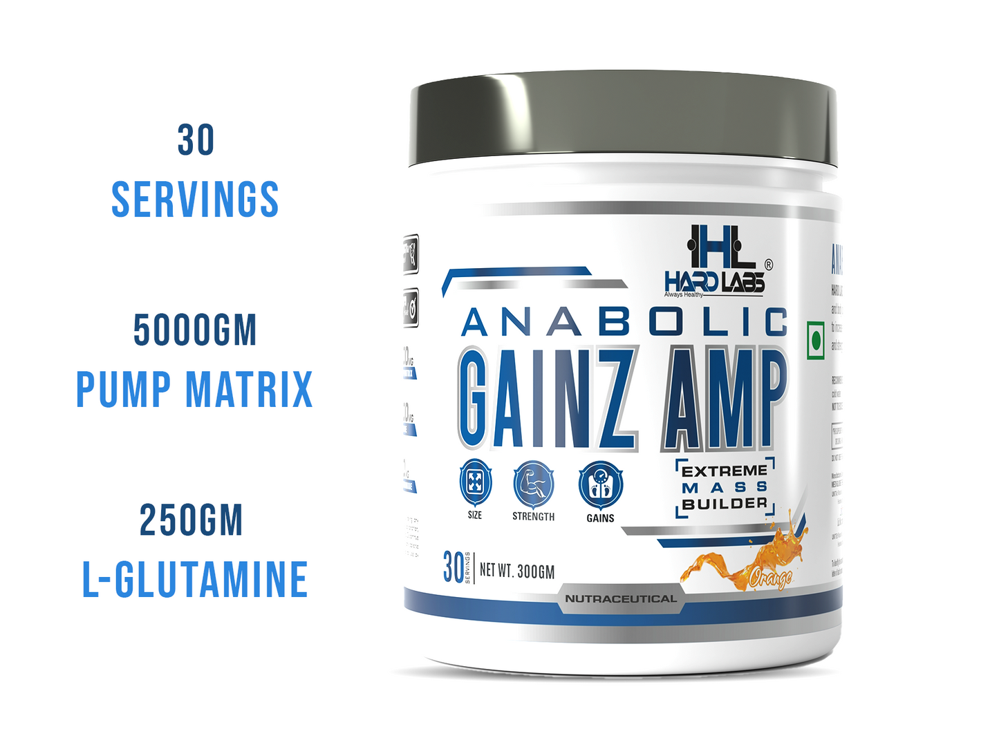 A container of Anabolic Gainz Amp supplement powder with labels detailing the product as having 30 servings, 5000gm pump matrix, and 250gm L-Glutamine.