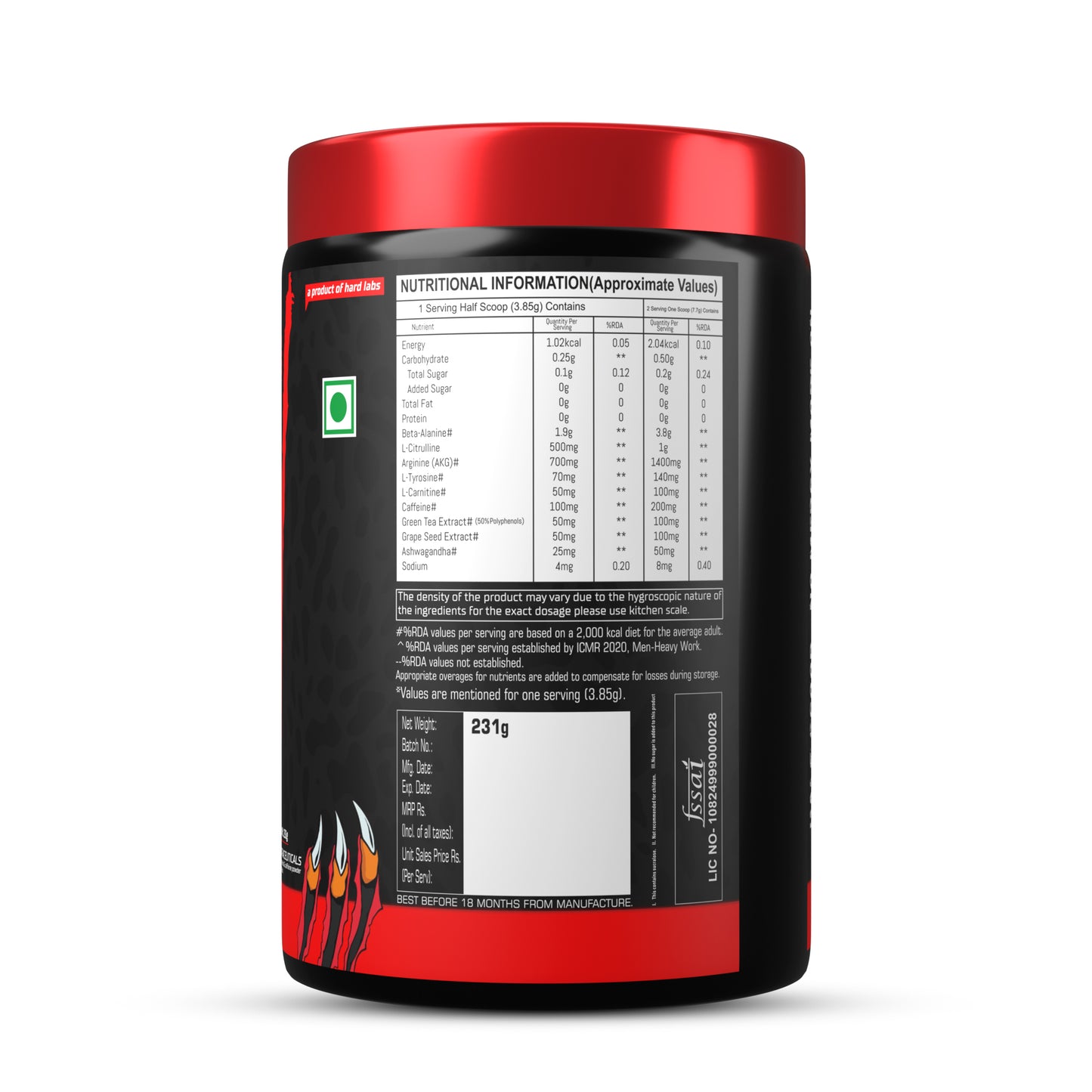 Hardlabs hyena pre workout nutritional information
