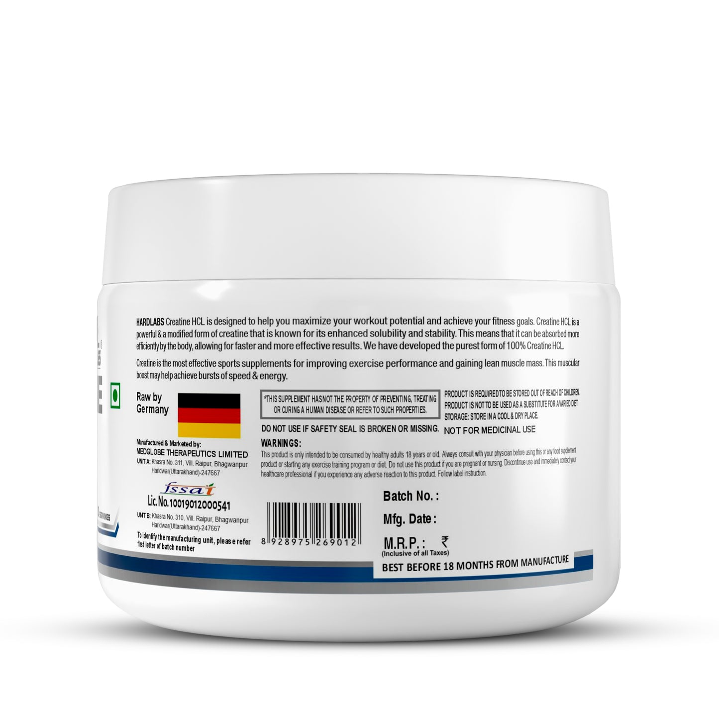 Creatine hcl more information regarding dosage,manufacturing and a left side image