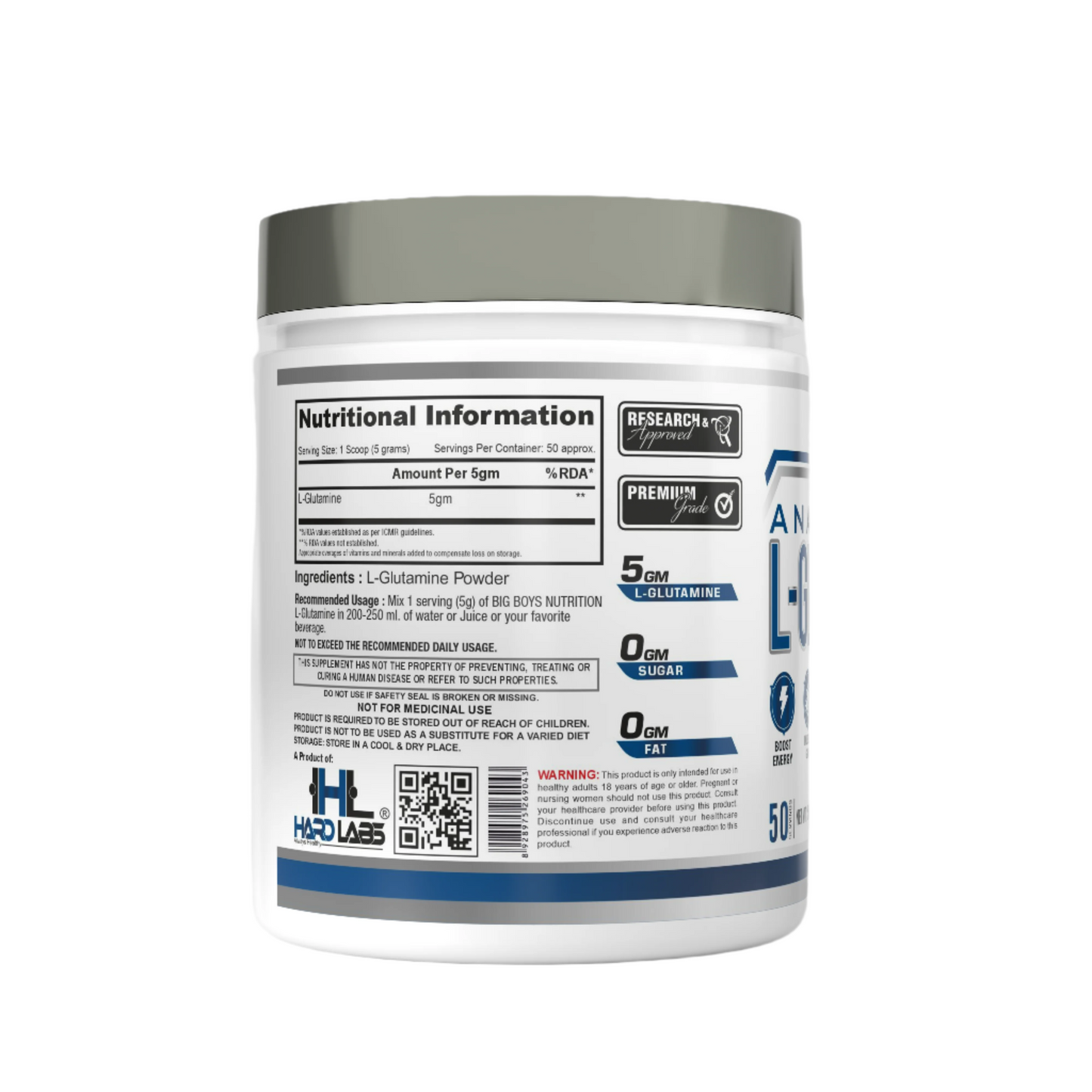 Hardlabs l glutamine right side image with nutritional information