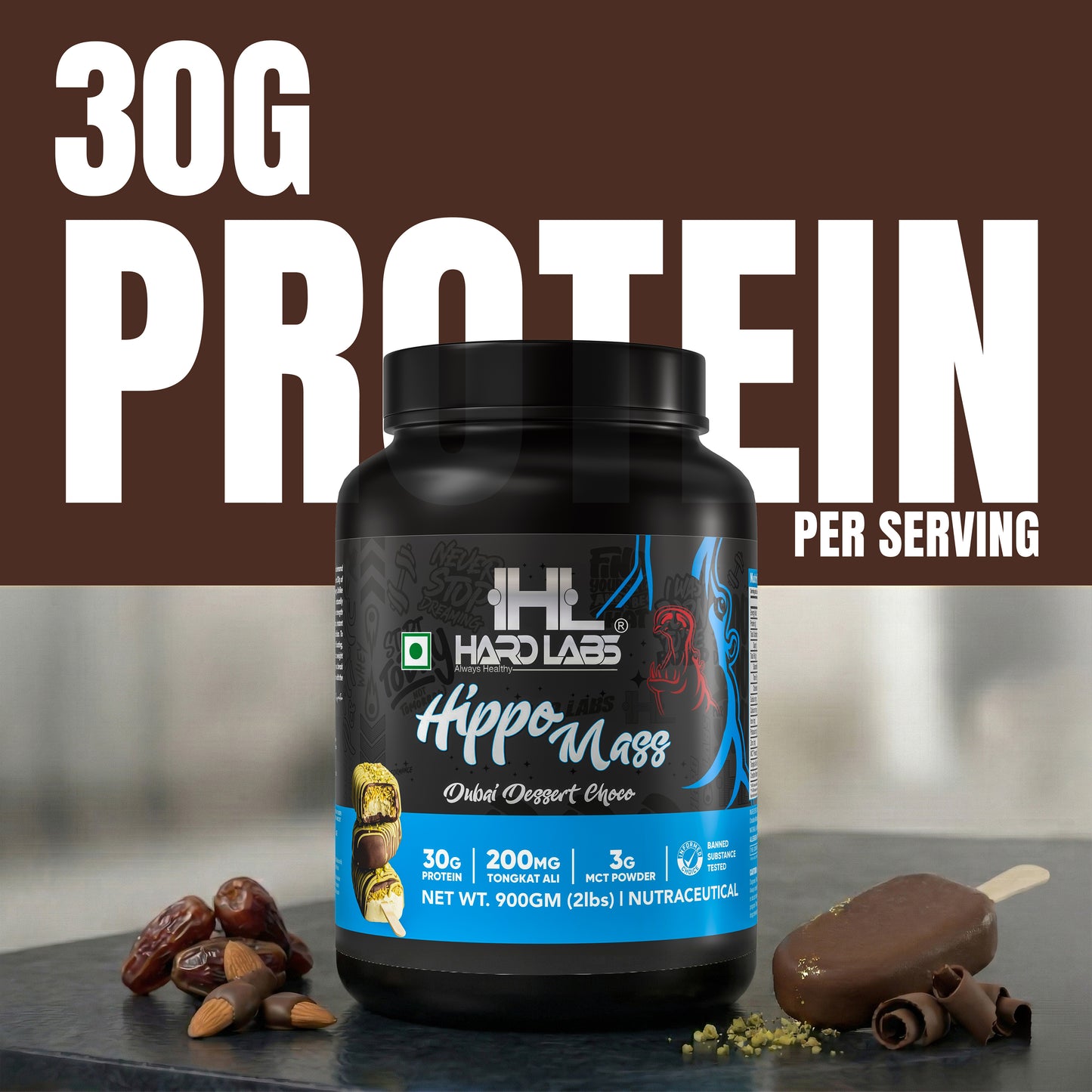 Hardlabs Hippo Mass Gainer β 30g Protein Weight Gainer with Tongkat Ali & MCT