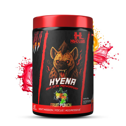 Hardlabs Hyena High Stim Pre-Workout Fruit Punch flavor with aggressive design and fruit splash illustration.

