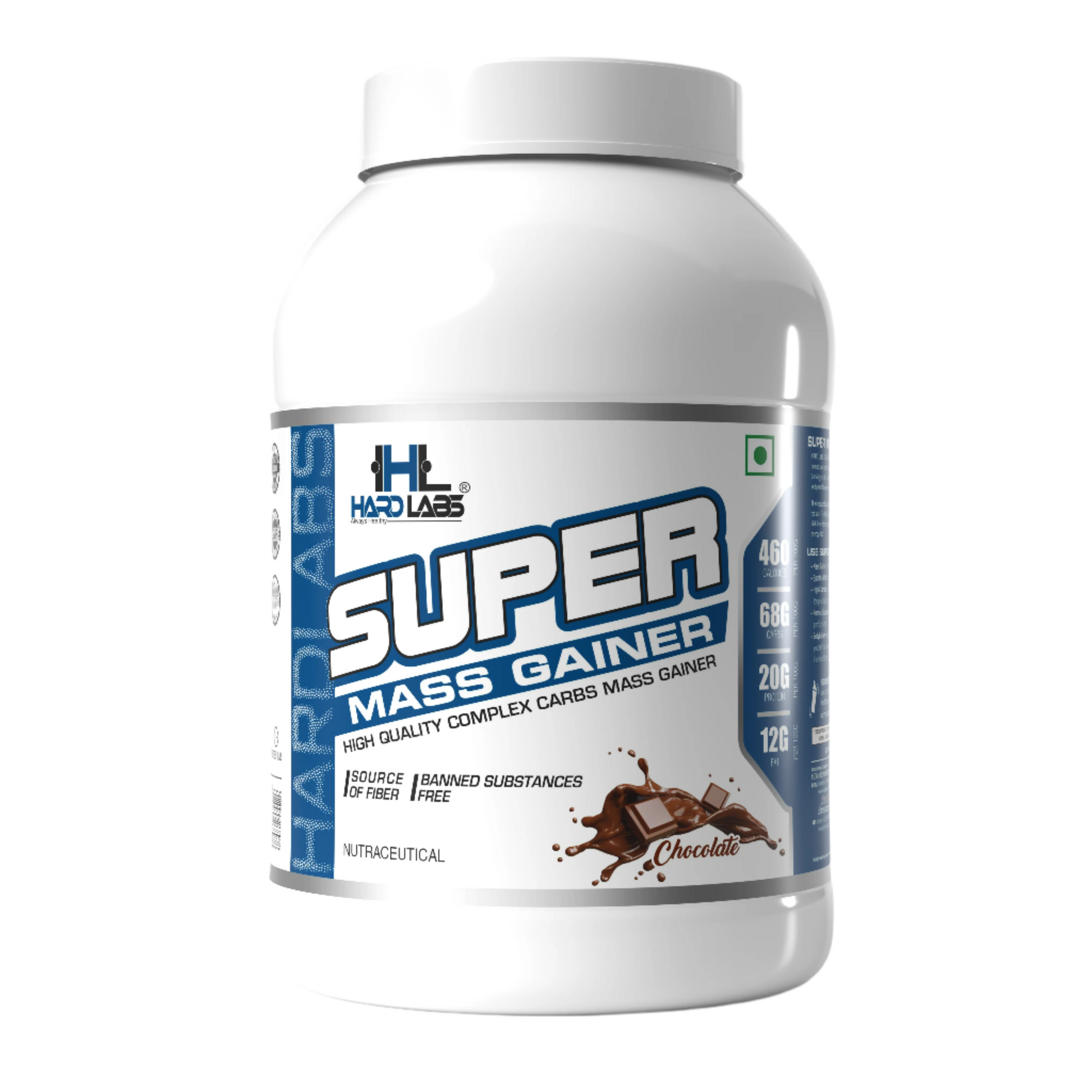 A container of SUPER MASS GAINER with the following details: 18 servings, 50gm per scoop, 20gm protein. The container is white with a label that includes a chocolate image, suggesting the flavor of the supplement.