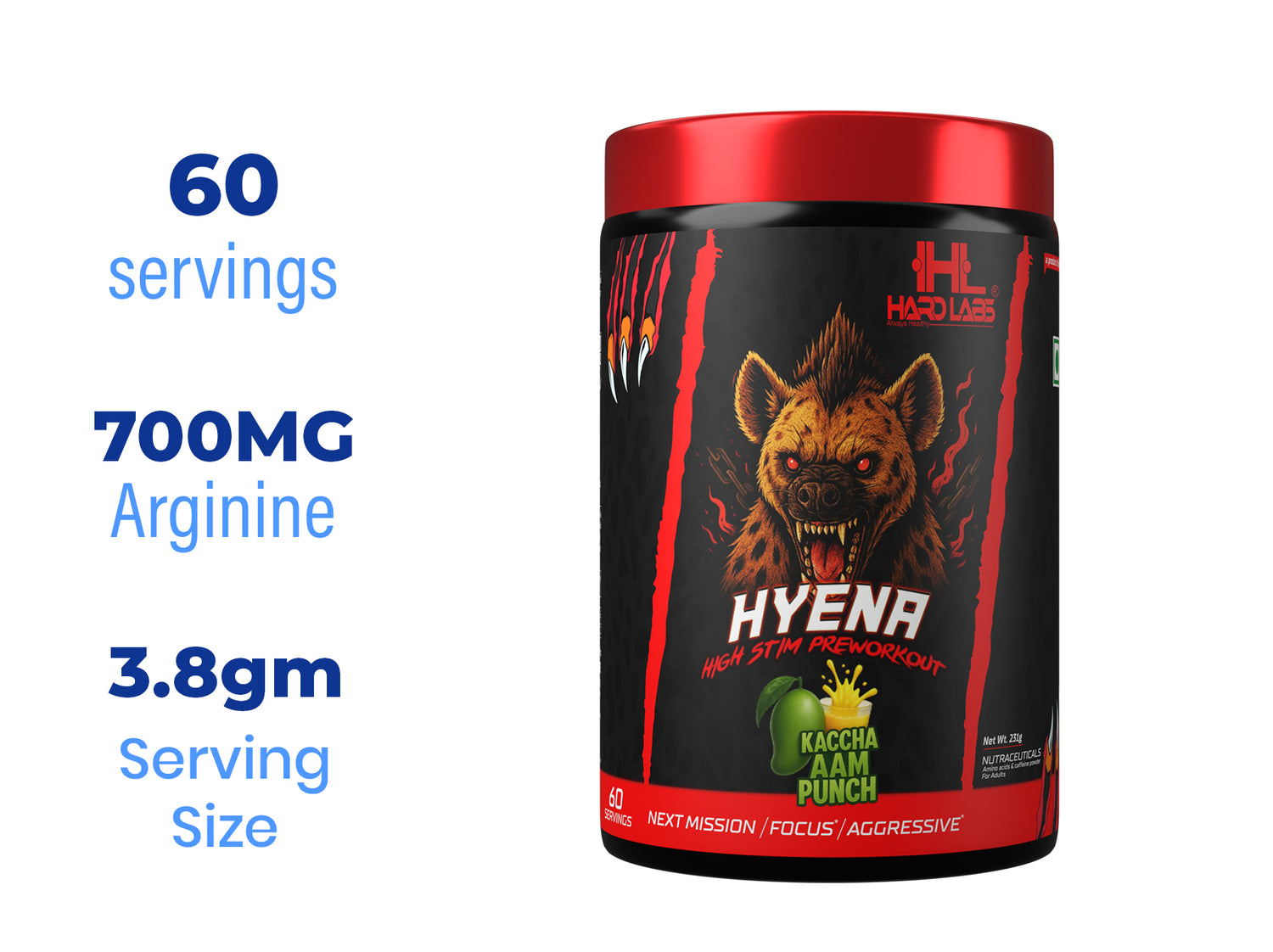 Hardlabs Hyena pre workout front image and product details on a white background 