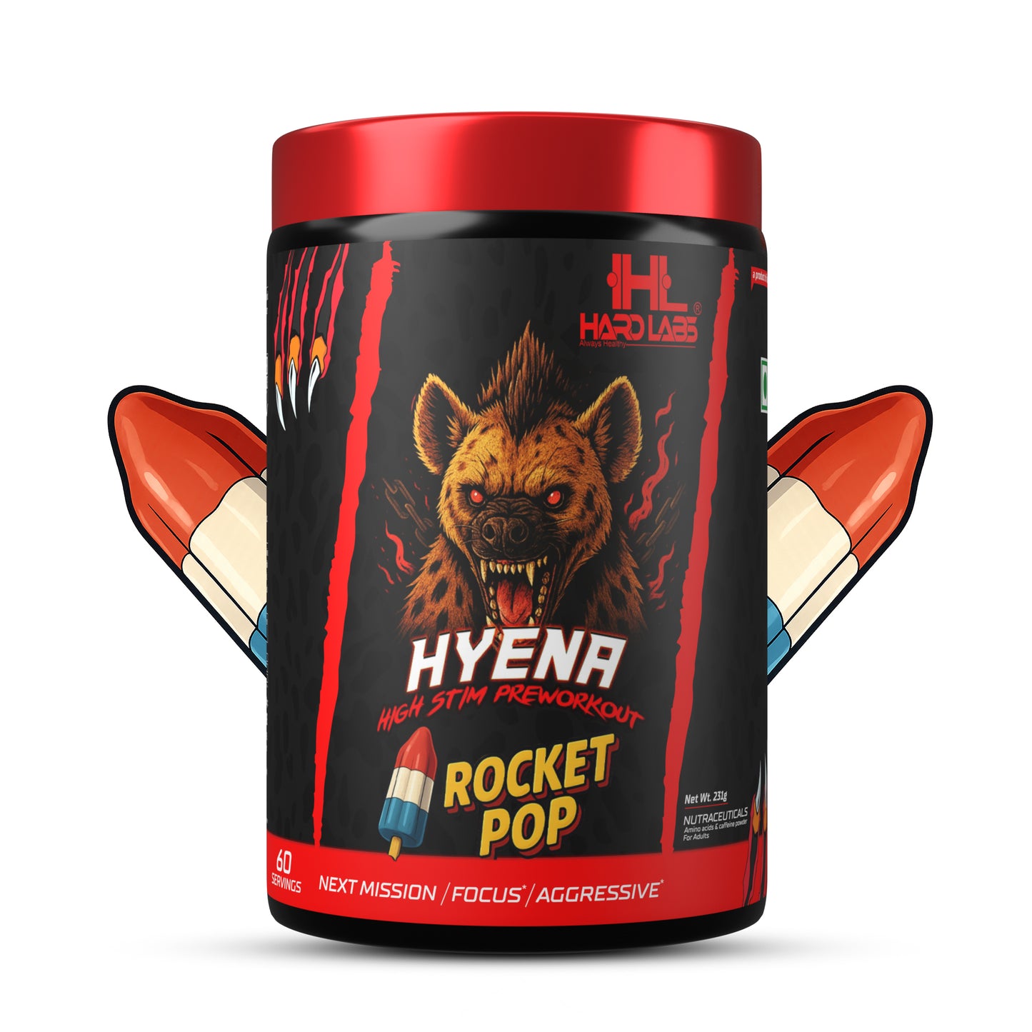 Hardlabs Hyena High Stim Pre-Workout Rocket Pop flavor with rocket-shaped illustration on the sides.