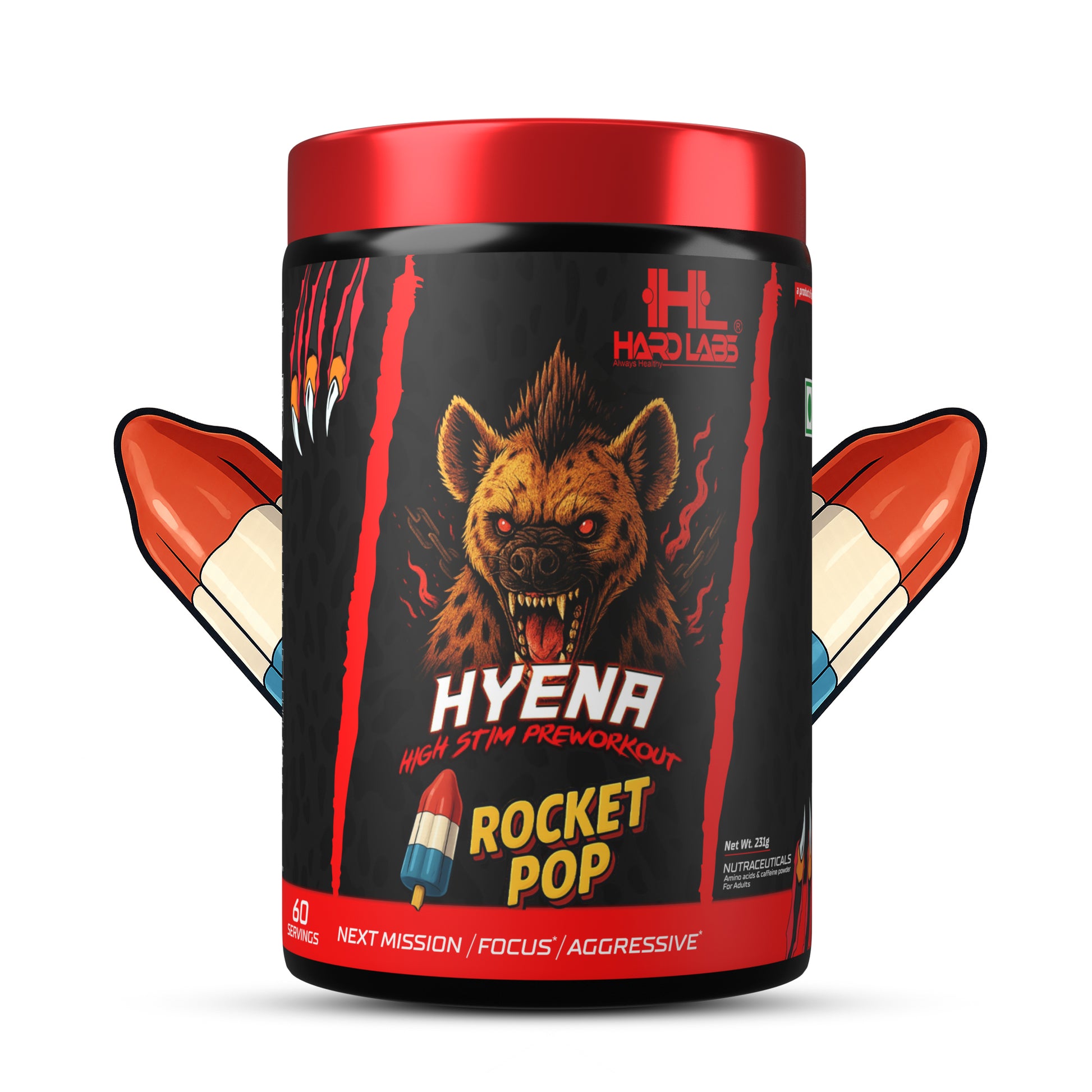 Hardlabs Hyena High Stim Pre-Workout Rocket Pop flavor with rocket-shaped illustration on the sides.