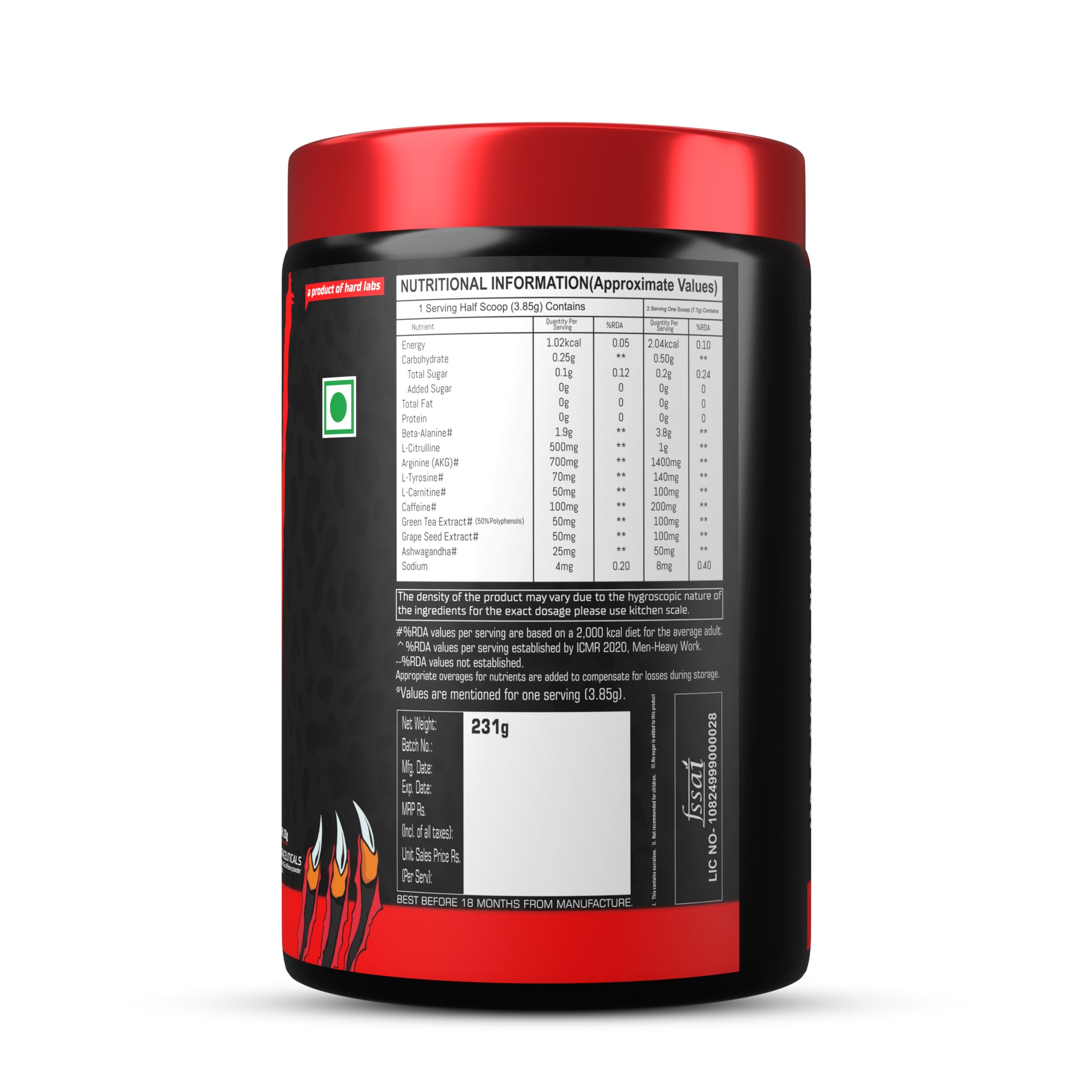 Hardlabs hyena pre workout nutritional information 